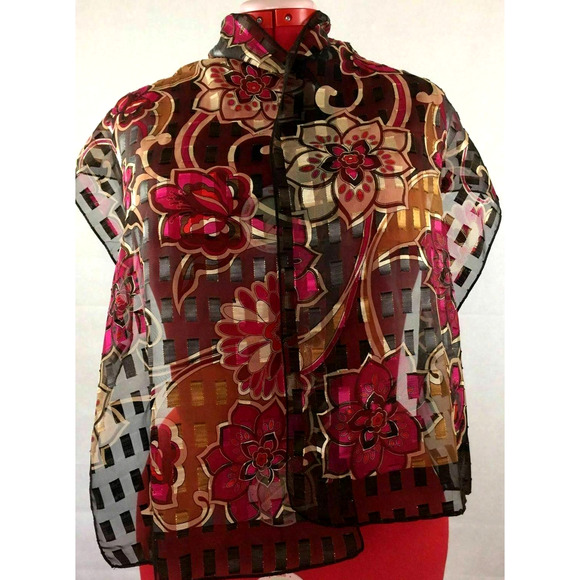 Elegant Gold Metallic Thread Pink Flowers on Black Shiny Floral Poly Scarf - Picture 4 of 6